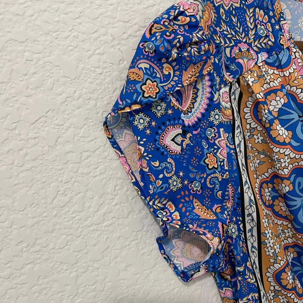 Emery Rose Floral Paisley Maxi Dress Boho Tulip Sleeve Blue Pink - Picture 6 of 11